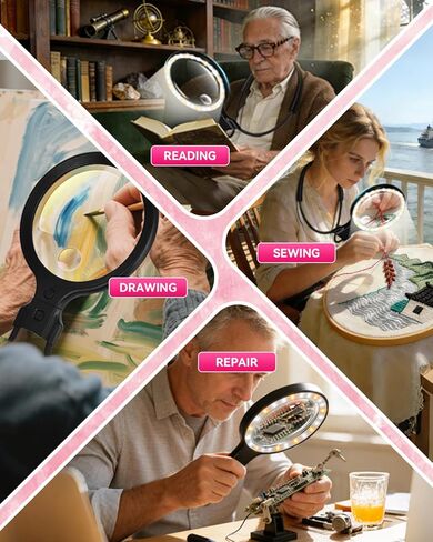 عدسة مكبرة 5.0 مطورة بدون استخدام اليد 【عدسة ألمانية فائقة الدقة 12X】حماية الرقبة الإسفنجية السحابية، 3 أوضاع إضاءة ذكية، مكبرة لجميع الأغراض للقراءة، الغرز المتقاطعة، استخدام كبار السن للحرف اليدوية (أسود) in Kuwait