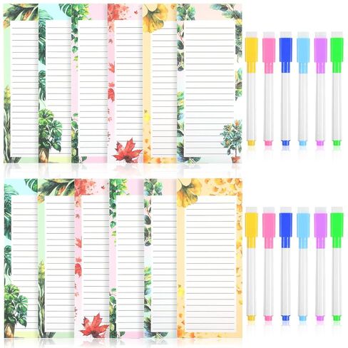 12 Pack Magnetic Note Pad for Fridge with 12 Marker Pens - 8.38" x 3.54" Magnetic List Pads for Refrigerator, 6 Pattern Styles & 50 Sheets Each, Ultimate Fridge Notepad with Magnet Set in Saudi Arabia