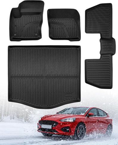 سجادات أرضية DiffCar® لسيارة Ford Focus 2012–2018 سيدان (ليست لـ RS)، سجادات أرضية سيارة مطاطية تناسب جميع الأحوال الجوية وبطانة شحن للتركيز، غير قابلة للانزلاق، سهلة التنظيف، 4 قطع بطانات أرضية كاملة التغطية in Saudi Arabia