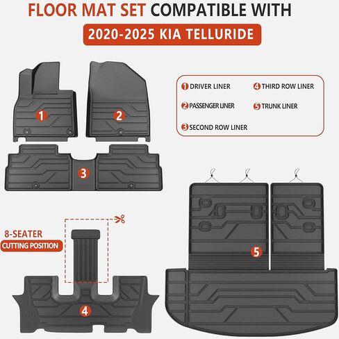 KARPAL Floor Mats for 2020-2025 Kia Telluride 7&8 Seats, TPE All Weather Custom Fit Floor Liners Car Mats Kia Telluride Accessories, 1st & 2nd & 3rd Row & Trunk Mat Full Set in Saudi Arabia