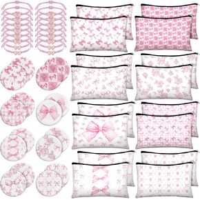 16 مجموعة من هدايا الحفلات الوردية على شكل فيونكة للنساء على شكل فيونكة من القماش وحقائب مكياج صغيرة ومرايا مدمجة وأساور منسوجة بكميات كبيرة من الزهور الوردية وحقائب مستحضرات التجميل للضيوف ووصيفات العروس ومستلزمات حفلات العازبة in Kuwait