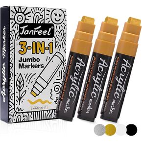 مجموعة من 3 أقلام تحديد دائمة جامبو برأس إزميل سميك 15 مم، أقلام تحديد ملصقات طلاء أكريليك 3 في 1 برأس واسع، مانعة للتسرب، عديمة الرائحة، غير سامة، للملصقات والخشب والنسيج والقماش والصخور والمزيد (أسود) in Kuwait