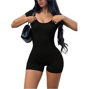 Milumia Women's Scoop Neck Short Sleeve Romper Yoga Workout Skinny Short Jumpsuit in Kuwait