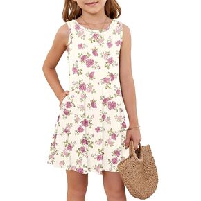 فستان صيفي للفتيات بدون أكمام للأطفال بياقة دائرية كاجوال صغير مزهّر على شكل حرف A فساتين صيفية للشاطئ مع جيوب من 5 إلى 14 سنة in Kuwait