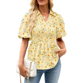 المرأة نفخة كم الأزهار بيبي دول قمم التلبيب الياقة الخامس الرقبة كشكش بيبلوم بلوزة سموكيد تونك الأعلى متأنق تي شيرت in Kuwait