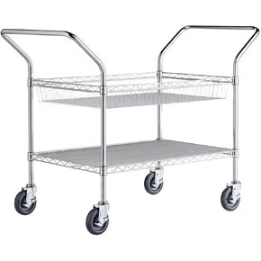 24" x 58" x 36" Commercial NSF Chrome One Shelf and One Basket Utility Cart - Heavy Duty Wire Rolling Metal Cart with Handles, Mobile Storage Cart for Warehouse, Office, Retail, Kitchen Use in Kuwait