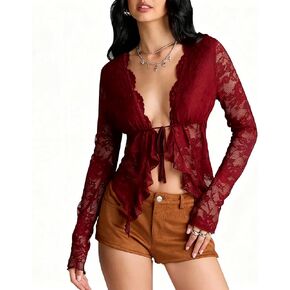 Women Sexy Open Front Lace Shirt Solid Y2k Long Sleeve Tie Up Sheer Mesh Blouse V Neck Asymmertrical Ruffle Hem Top in Kuwait