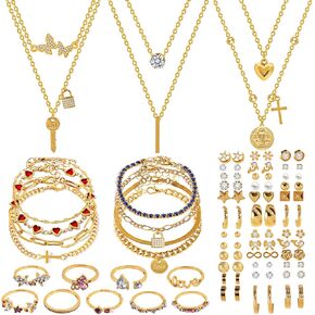 KOSMOS-LI Elegant Gold-Plated Fashion Jewelry Set Stocking Stuffers,3 Layered Necklaces with Butterfly Crystal Pendant, Heart Charm Bracelets, 36 Pairs Stud Earrings in Kuwait