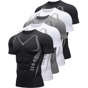 5 قطع من قمصان التدريب الرجالية بأكمام قصيرة باللونين الأسود والأبيض، تي شيرت رياضي ماص للرطوبة للرجال للجري in Kuwait