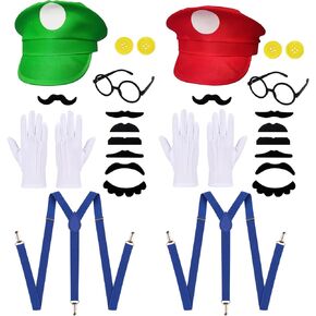مجموعة إكسسوارات أزياء Classic Bros Plumber، قبعات حمراء وخضراء مع شوارب وحمالات وقفازات وأزرار وإطار نظارات للهالوين والحفلات التنكرية وحفلات عيد الميلاد in Kuwait