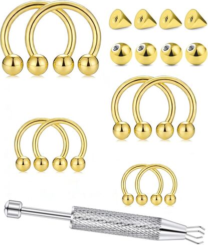 حلقات حاجز حدوة الحصان 16 جرام 6/8/10/12 مم مع أداة وممسك الكرة، لا تسبب الحساسية للأنف، الرخ، الغضروف، الحلزون، الشفاه - الذهب الفضي 316L مجوهرات ثقب الحاجز الفولاذي الجراحي in Kuwait