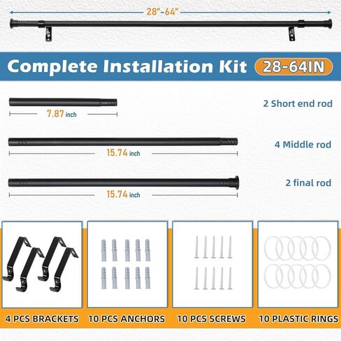 2 حزمة قضبان ستائر للنوافذ من 28 إلى 64 بوصة، 5/8 بوصة قضبان ستائر نافذة مقهى صغيرة مع أقواس باللون الأسود غير اللامع، تصميم مقطعي قابل للتعديل للستائر خفيفة الوزن في غرفة النوم والمطبخ والمركبات الترفيهية والحمام in Kuwait