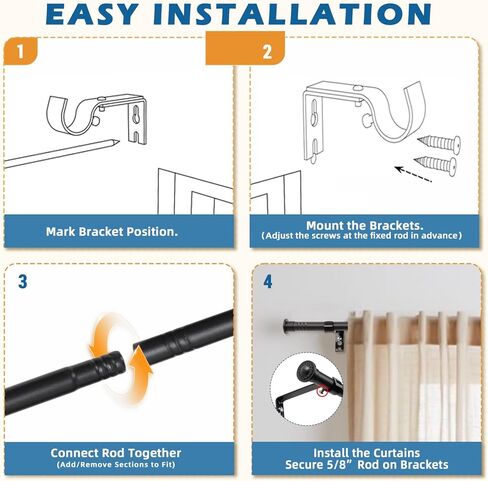 2 حزمة قضبان ستائر للنوافذ من 28 إلى 64 بوصة، 5/8 بوصة قضبان ستائر نافذة مقهى صغيرة مع أقواس باللون الأسود غير اللامع، تصميم مقطعي قابل للتعديل للستائر خفيفة الوزن في غرفة النوم والمطبخ والمركبات الترفيهية والحمام in Kuwait