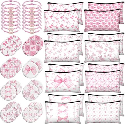 16 مجموعة من هدايا الحفلات الوردية على شكل فيونكة للنساء على شكل فيونكة من القماش وحقائب مكياج صغيرة ومرايا مدمجة وأساور منسوجة بكميات كبيرة من الزهور الوردية وحقائب مستحضرات التجميل للضيوف ووصيفات العروس ومستلزمات حفلات العازبة in Kuwait