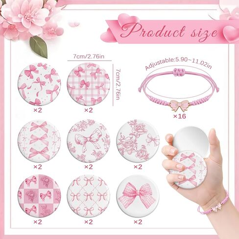 16 مجموعة من هدايا الحفلات الوردية على شكل فيونكة للنساء على شكل فيونكة من القماش وحقائب مكياج صغيرة ومرايا مدمجة وأساور منسوجة بكميات كبيرة من الزهور الوردية وحقائب مستحضرات التجميل للضيوف ووصيفات العروس ومستلزمات حفلات العازبة in Kuwait