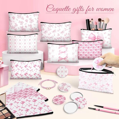 16 مجموعة من هدايا الحفلات الوردية على شكل فيونكة للنساء على شكل فيونكة من القماش وحقائب مكياج صغيرة ومرايا مدمجة وأساور منسوجة بكميات كبيرة من الزهور الوردية وحقائب مستحضرات التجميل للضيوف ووصيفات العروس ومستلزمات حفلات العازبة in Kuwait