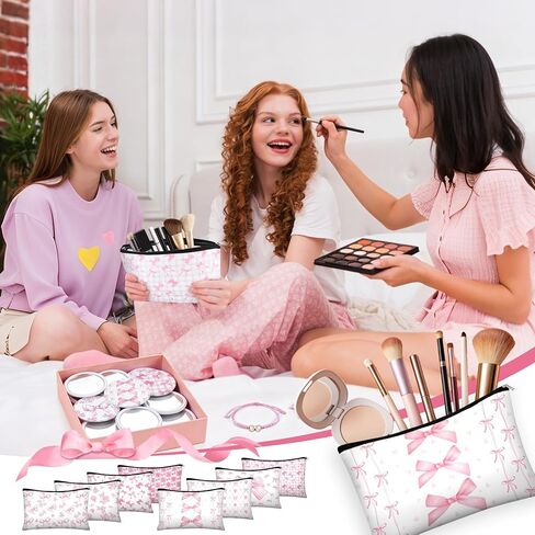 16 مجموعة من هدايا الحفلات الوردية على شكل فيونكة للنساء على شكل فيونكة من القماش وحقائب مكياج صغيرة ومرايا مدمجة وأساور منسوجة بكميات كبيرة من الزهور الوردية وحقائب مستحضرات التجميل للضيوف ووصيفات العروس ومستلزمات حفلات العازبة in Kuwait