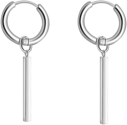 Minimalist Vertical Bar Small Hoop Short Dangle Drop Earrings for Men Women Boys Girls 316L Stainless Steel Charms Huggie Hinged Hoops Cartilage Helix Hypoallergenic Fashion Personalized Punk Geometric Line Stick Dangling Gifts Boyfriend Birthday Bff in Saudi Arabia