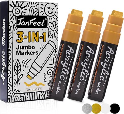 مجموعة من 3 أقلام تحديد دائمة جامبو برأس إزميل سميك 15 مم، أقلام تحديد ملصقات طلاء أكريليك 3 في 1 برأس واسع، مانعة للتسرب، عديمة الرائحة، غير سامة، للملصقات والخشب والنسيج والقماش والصخور والمزيد (أسود) in Kuwait