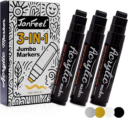 Jumbo Permanent Marker 3 Pack 15mm Thick Chisel Tip, 3-in-1 Acrylic Paint Poster Marker Pens Wide Felt Nib, No-Leak, Odorless, Non-Toxic, for Posters, Wood, Fabric, Canvas, Rock & More (Black) in Saudi Arabia