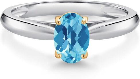 Gem Stone King 925 Sterling Silver and 10K Yellow Gold Gemstone Birthstone Solitaire Engagement Ring For Women | Oval 7X5MM | Wedding Anniversary Promise Ring For Women | Available In Size 5-9 in Saudi Arabia