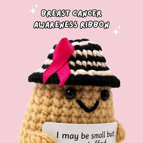 M.O.Q. Cancer Awareness Crochet Doll with Ribbon, Breast Cancer, Chemo, Inspirational Stocking Stuffer Gift for Women Her Mom Friend Coworker Positive Get Well Soon Handmade in Saudi Arabia
