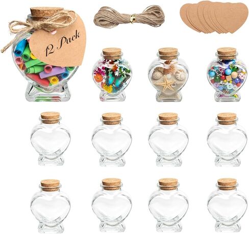 12 Pack 50ml Empty Clear Glass Heart-Shaped Bottles Decorative, Heart Glass Bottle with Cork Stopper, Labels & String, Magic Potion Bottles for Wedding Party, DIY Decoration & Wish Messages in Saudi Arabia
