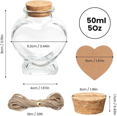 12 Pack 50ml Empty Clear Glass Heart-Shaped Bottles Decorative, Heart Glass Bottle with Cork Stopper, Labels & String, Magic Potion Bottles for Wedding Party, DIY Decoration & Wish Messages in Saudi Arabia