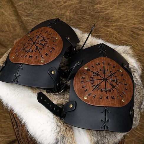 دعامات الركبة من الجلد الصناعي HiiFeuer Viking، وسادات ركبة منقوشة قابلة للتعديل، واقيات ساق الفارس من العصور الوسطى من أجل Ren Faire (أسود A) in Saudi Arabia