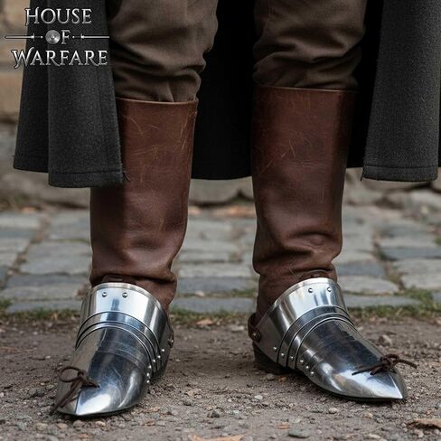 ساباتون من العصور الوسطى - درع قدم من الفولاذ الخفيف مقاس 18 مع أشرطة جلدية قابلة للتعديل - درع لوحة فارس مفصلية للقدم من أجل LARP وRenfair وCosplay وهواة الجمع in Kuwait