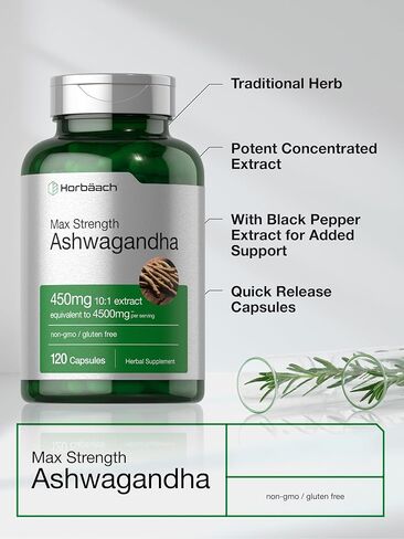 Horbäach Ashwagandha Supplement | Max Strength | 120 Capsules | Non-GMO, Gluten Free in Kuwait