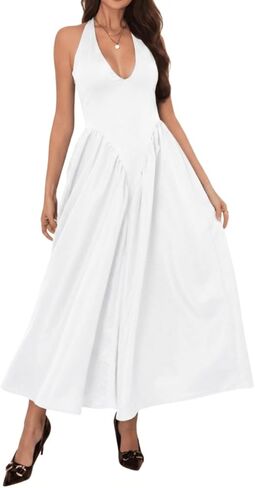 Women's Drop Waist Corset Halter Maxi Dress Semi Formal Sexy Deep V Neck A Line Wedding Guest Vacation Pleated Long Dresses in Saudi Arabia