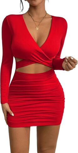 فستان Vakkest النسائي القصير Bodycon بأكمام طويلة مثير ورقبة على شكل حرف V مكشكشة وحفلات الكوكتيل والسهرات القصيرة in Kuwait