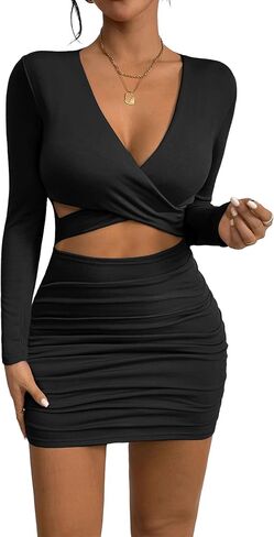 فستان Vakkest النسائي القصير Bodycon بأكمام طويلة مثير ورقبة على شكل حرف V مكشكشة وحفلات الكوكتيل والسهرات القصيرة in Kuwait