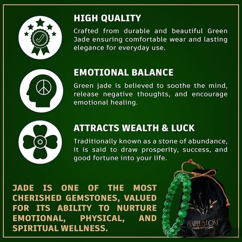 سوار اليشم الأخضر للنساء والرجال - سوار الثروة المحظوظ من حجر اليشم الأصلي - كريستال شفاء من أجل الوفرة والتناغم والحظ الجيد - هدية مجوهرات روحية قابلة للتعديل لأعياد الميلاد in Kuwait