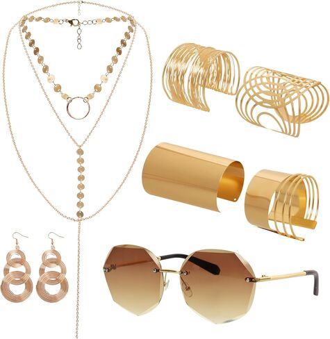 Fumwase 7PCS 70s Disco Accessories Set for Women Sunglasses Coil Bracelets Layered Necklace Triple Swirl Earrings for Adult in Saudi Arabia