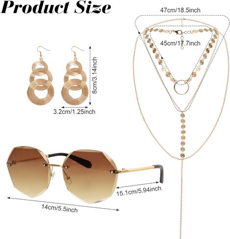 Fumwase 7PCS 70s Disco Accessories Set for Women Sunglasses Coil Bracelets Layered Necklace Triple Swirl Earrings for Adult in Saudi Arabia