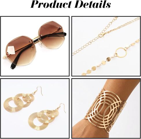 Fumwase 7PCS 70s Disco Accessories Set for Women Sunglasses Coil Bracelets Layered Necklace Triple Swirl Earrings for Adult in Saudi Arabia