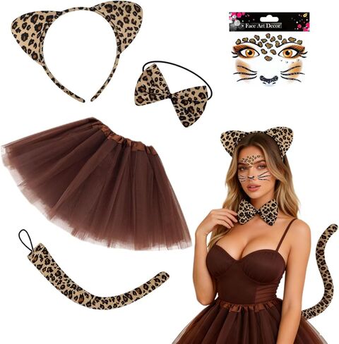 101 Days of School Cheetah Costume Accessories Set, 5Pcs Leopard Cat Ears Headband Tails Bow Tie Tutu Face Stickers Animal Costume for Men Women Drama Party Dress Up Cosplay in Kuwait