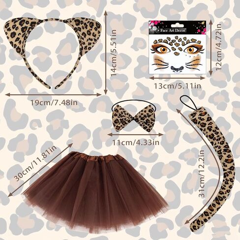 101 Days of School Cheetah Costume Accessories Set, 5Pcs Leopard Cat Ears Headband Tails Bow Tie Tutu Face Stickers Animal Costume for Men Women Drama Party Dress Up Cosplay in Kuwait