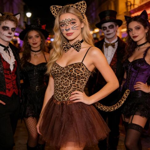 101 Days of School Cheetah Costume Accessories Set, 5Pcs Leopard Cat Ears Headband Tails Bow Tie Tutu Face Stickers Animal Costume for Men Women Drama Party Dress Up Cosplay in Kuwait