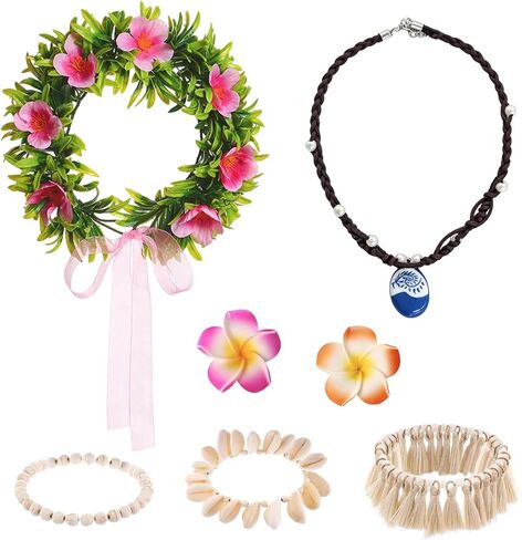 مجموعة إكسسوارات زي الأميرة مكونة من 6 قطع للنساء تتضمن قلادة المحيط وزهور هاواي ومشابك شعر زهرة إكليل بوهو وخلخال وحفلات هاواي وإكسسوارات الحفلات in Kuwait