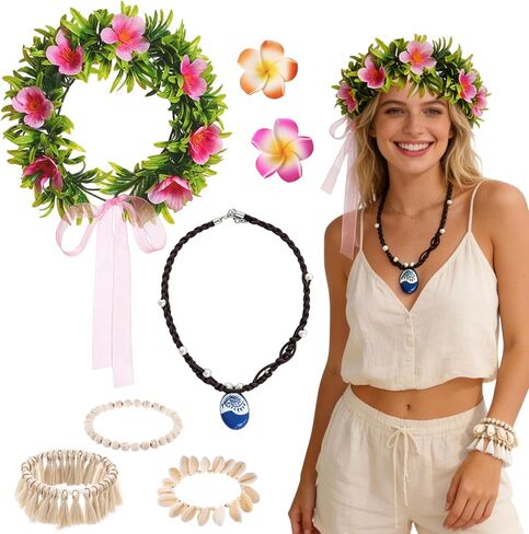 مجموعة إكسسوارات زي الأميرة مكونة من 6 قطع للنساء تتضمن قلادة المحيط وزهور هاواي ومشابك شعر زهرة إكليل بوهو وخلخال وحفلات هاواي وإكسسوارات الحفلات in Kuwait