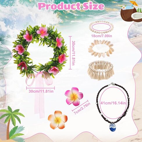 مجموعة إكسسوارات زي الأميرة مكونة من 6 قطع للنساء تتضمن قلادة المحيط وزهور هاواي ومشابك شعر زهرة إكليل بوهو وخلخال وحفلات هاواي وإكسسوارات الحفلات in Kuwait