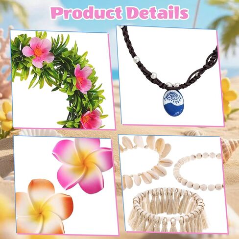 مجموعة إكسسوارات زي الأميرة مكونة من 6 قطع للنساء تتضمن قلادة المحيط وزهور هاواي ومشابك شعر زهرة إكليل بوهو وخلخال وحفلات هاواي وإكسسوارات الحفلات in Kuwait