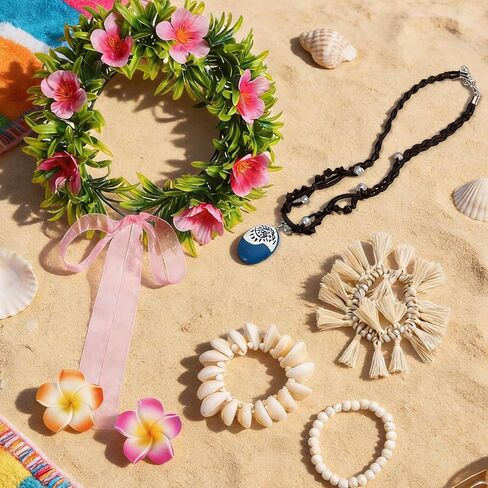 مجموعة إكسسوارات زي الأميرة مكونة من 6 قطع للنساء تتضمن قلادة المحيط وزهور هاواي ومشابك شعر زهرة إكليل بوهو وخلخال وحفلات هاواي وإكسسوارات الحفلات in Kuwait