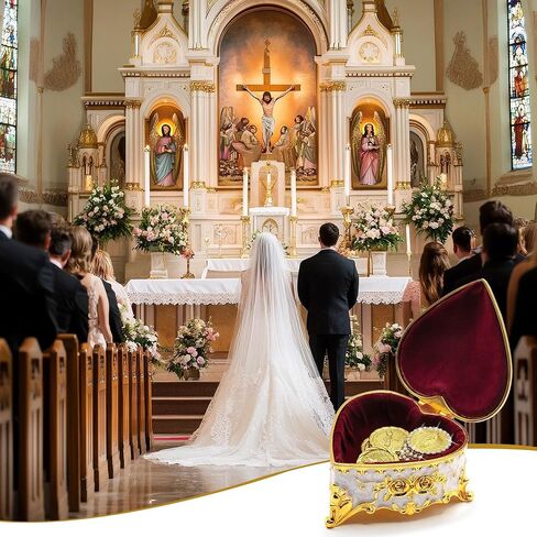 Wedding Arras Coins Set, Arras Para Boda Catolica with 13 Virgen De Guadalupe Aras Coins and Rhinestone Decor Box, Regalos De Boda, Wedding Accessories for Ceremony. in Kuwait