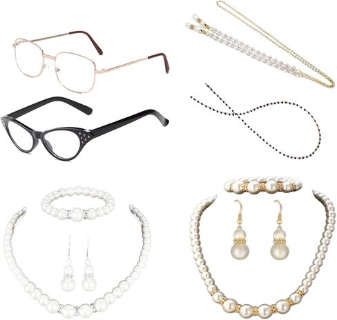 10PCS Old Lady Costume, 2 Styles Grandma Costume Set with Gold Glasses & Black Glasses, Matching Chains, Pearl Necklace, Bracelet, Earrings for Halloween Cosplay Themed Party Accessories in Kuwait