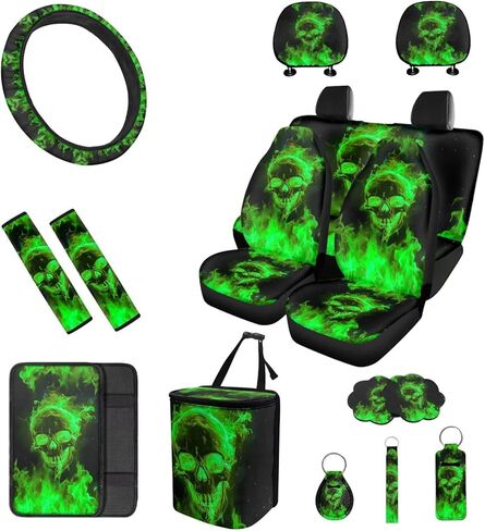 16 PCS Green Flaming Skull Auto Interior Accessories Car Seat Covers with Auto Steering Wheel Cover Seat Belt Covers Car Trash Can Center Console Pad Headrest Cover Coaster Keychains in Saudi Arabia