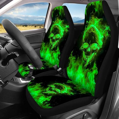 16 PCS Green Flaming Skull Auto Interior Accessories Car Seat Covers with Auto Steering Wheel Cover Seat Belt Covers Car Trash Can Center Console Pad Headrest Cover Coaster Keychains in Saudi Arabia